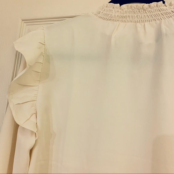 Ann Taylor LOFT Smocked Mock Neck Ruffle Long Sleeve Blouse White Ivory Small - Picture 3 of 9